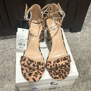 Leopard open toe, high heels with ankle buckle strap